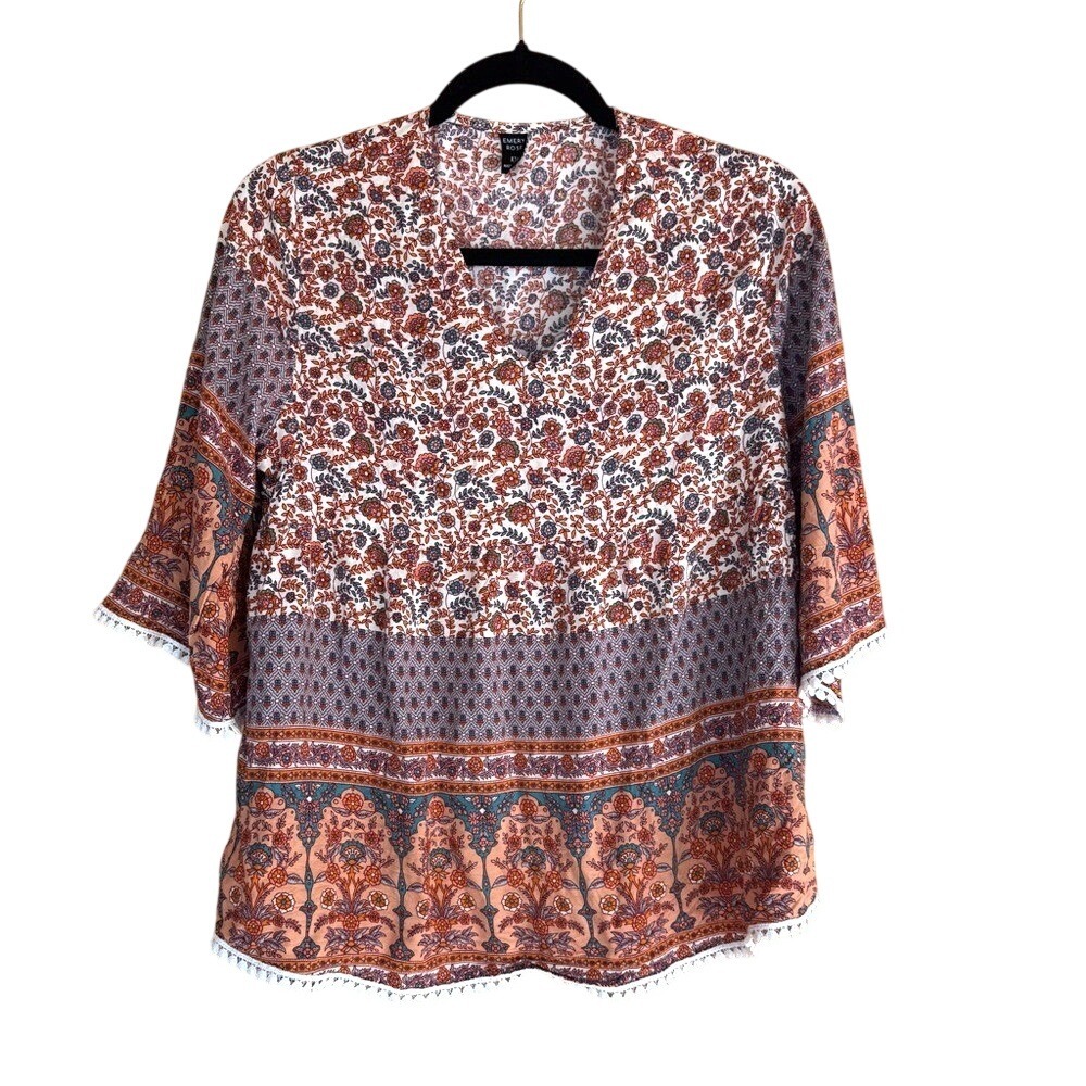 Emery Rose Top Floral Bohemian XXL Orange Blue White Pom Trim Floral Feminine